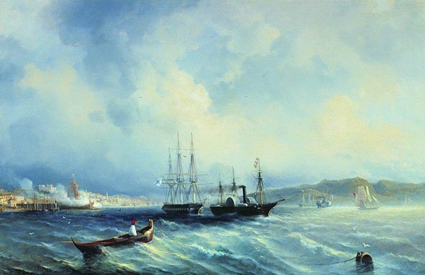 Выход из реки Тахо фрегата Илья Муромец на буксире пароходофрегата Камчатка. 1860-е