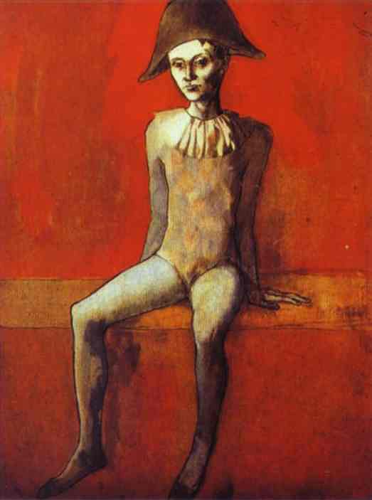 Картины Пабло Пикассо Сидящий на красной скамье Арлекин